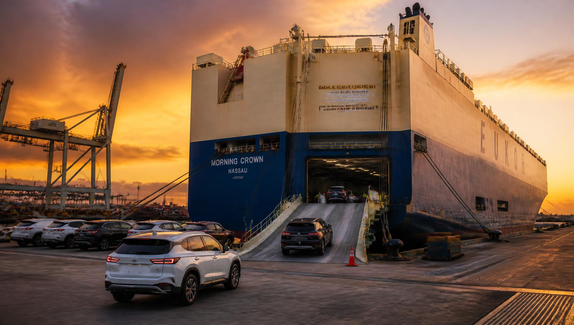 Car carrier ship loading vehicles at sunset