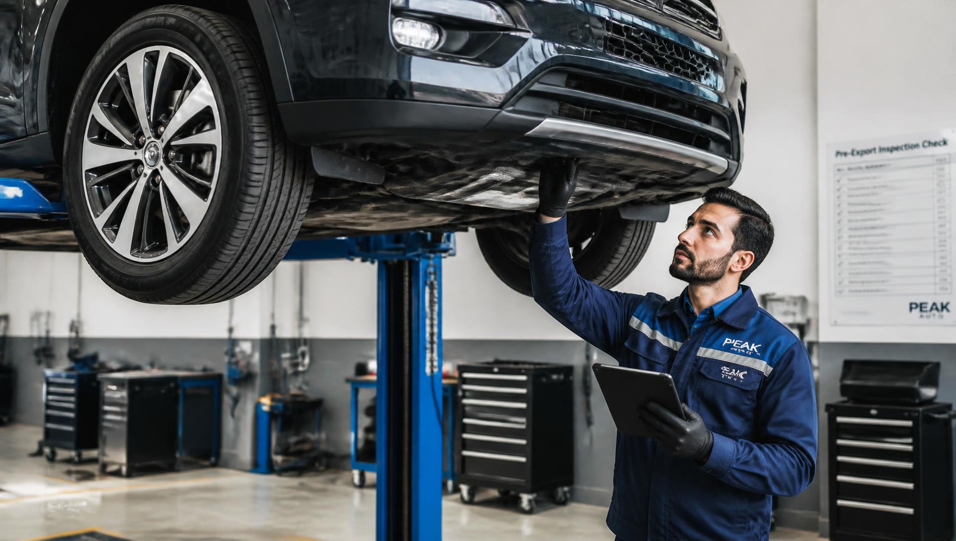 Mechanic inspecting a used car before export