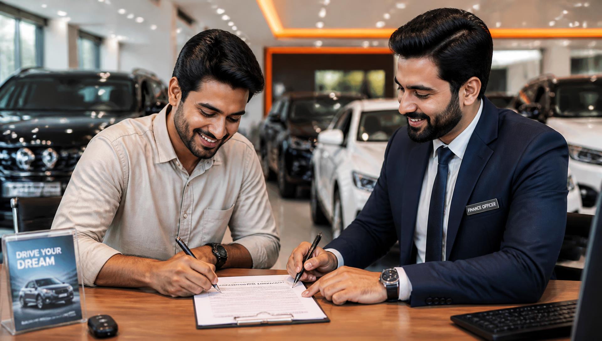 Couple signing a monthly car installment agreement in a showroom